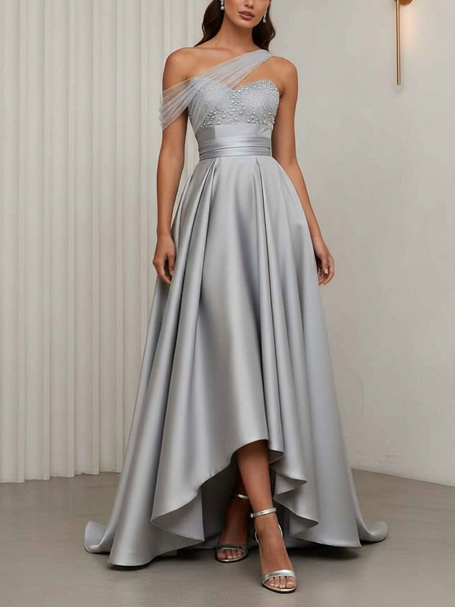 One-Shoulder Cocktail Dresses Silk Satin Sleeveless Asymmetrical Floor-Length Sweep Train Tulle Formal Dresses