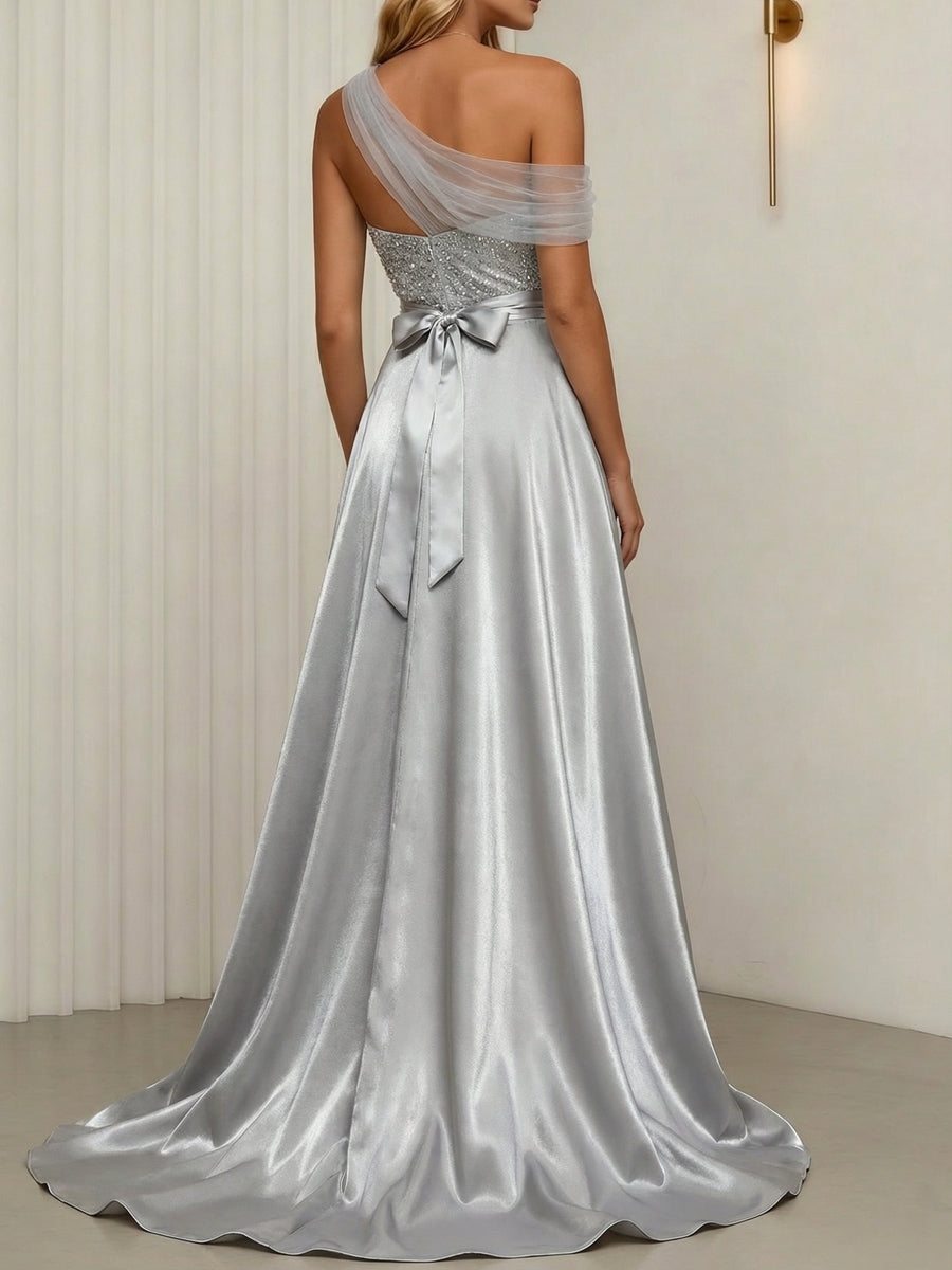 One-Shoulder Cocktail Dresses Silk Satin Sleeveless Asymmetrical Floor-Length Sweep Train Tulle Formal Dresses