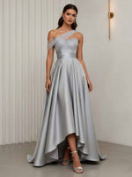 One-Shoulder Cocktail Dresses Silk Satin Sleeveless Asymmetrical Floor-Length Sweep Train Tulle Formal Dresses