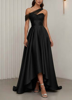 One-Shoulder Cocktail Dresses Silk Satin Sleeveless Asymmetrical Floor-Length Sweep Train Tulle Formal Dresses
