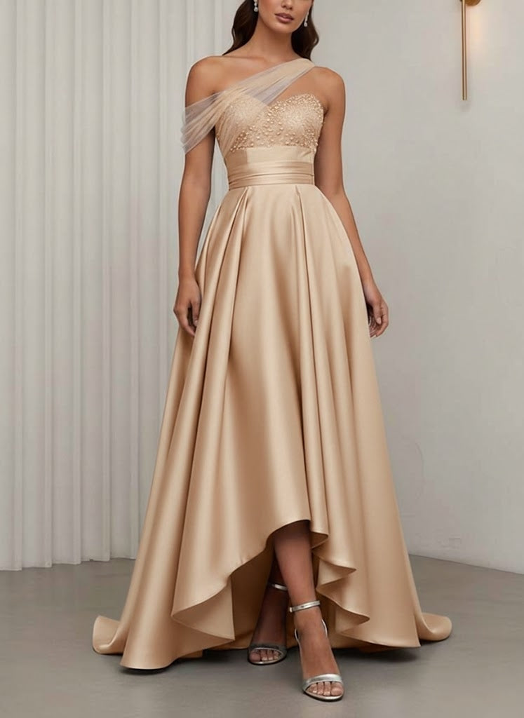One-Shoulder Cocktail Dresses Silk Satin Sleeveless Asymmetrical Floor-Length Sweep Train Tulle Formal Dresses