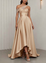 One-Shoulder Cocktail Dresses Silk Satin Sleeveless Asymmetrical Floor-Length Sweep Train Tulle Formal Dresses