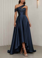 One-Shoulder Cocktail Dresses Silk Satin Sleeveless Asymmetrical Floor-Length Sweep Train Tulle Formal Dresses