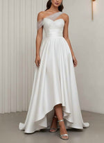 One-Shoulder Cocktail Dresses Silk Satin Sleeveless Asymmetrical Floor-Length Sweep Train Tulle Formal Dresses