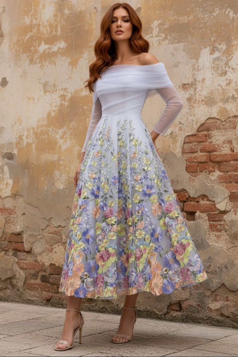 Off-the-Shoulder Tulle Cocktail Dresses Ankle-Length Long Sleeves Floral Lace Formal Dresses