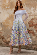 Off-the-Shoulder Tulle Cocktail Dresses Ankle-Length Long Sleeves Floral Lace Formal Dresses