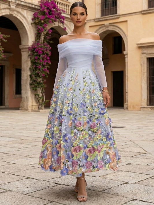 Off-the-Shoulder Tulle Cocktail Dresses Ankle-Length Long Sleeves Floral Lace Formal Dresses