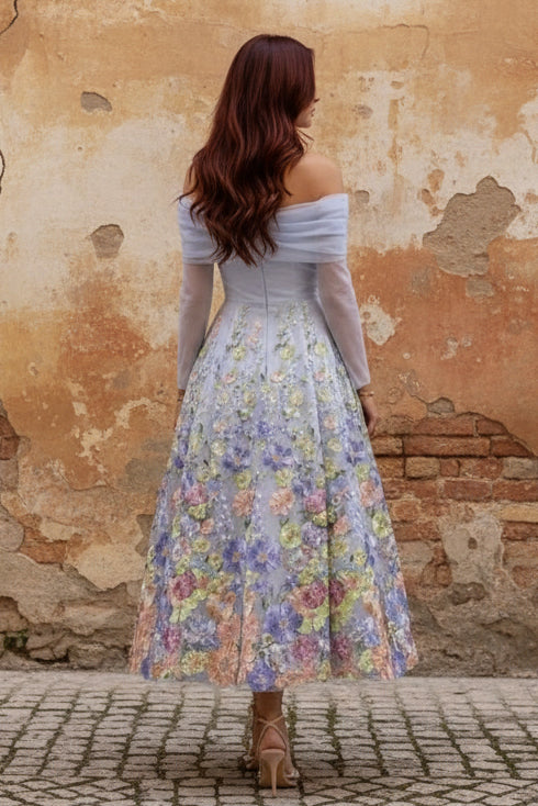 Off-the-Shoulder Tulle Cocktail Dresses Ankle-Length Long Sleeves Floral Lace Formal Dresses