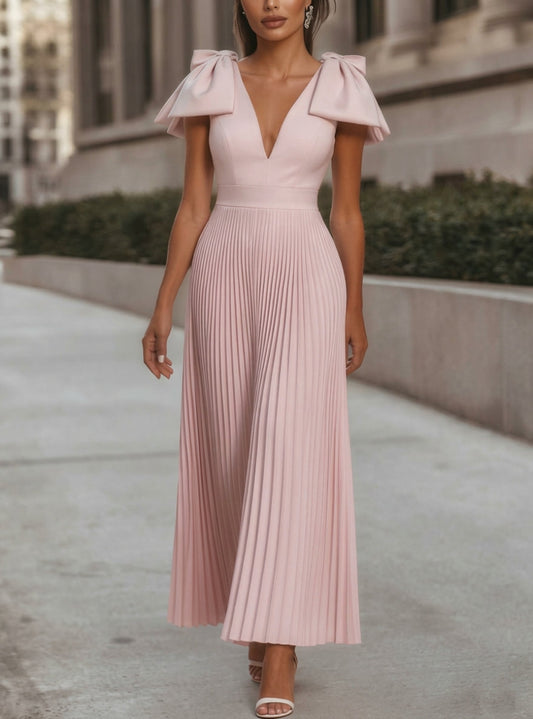 V-Neck Chiffon Cocktail Dresses Ankle-Length Sleeveless with Bowknot Formal Dress