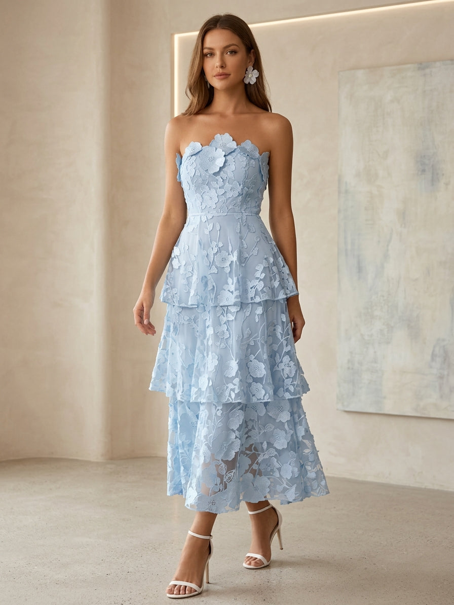 Strapless Lace Cocktail Dresses Tea-Length Sleeveless Ruffles Floral Formal Dresses
