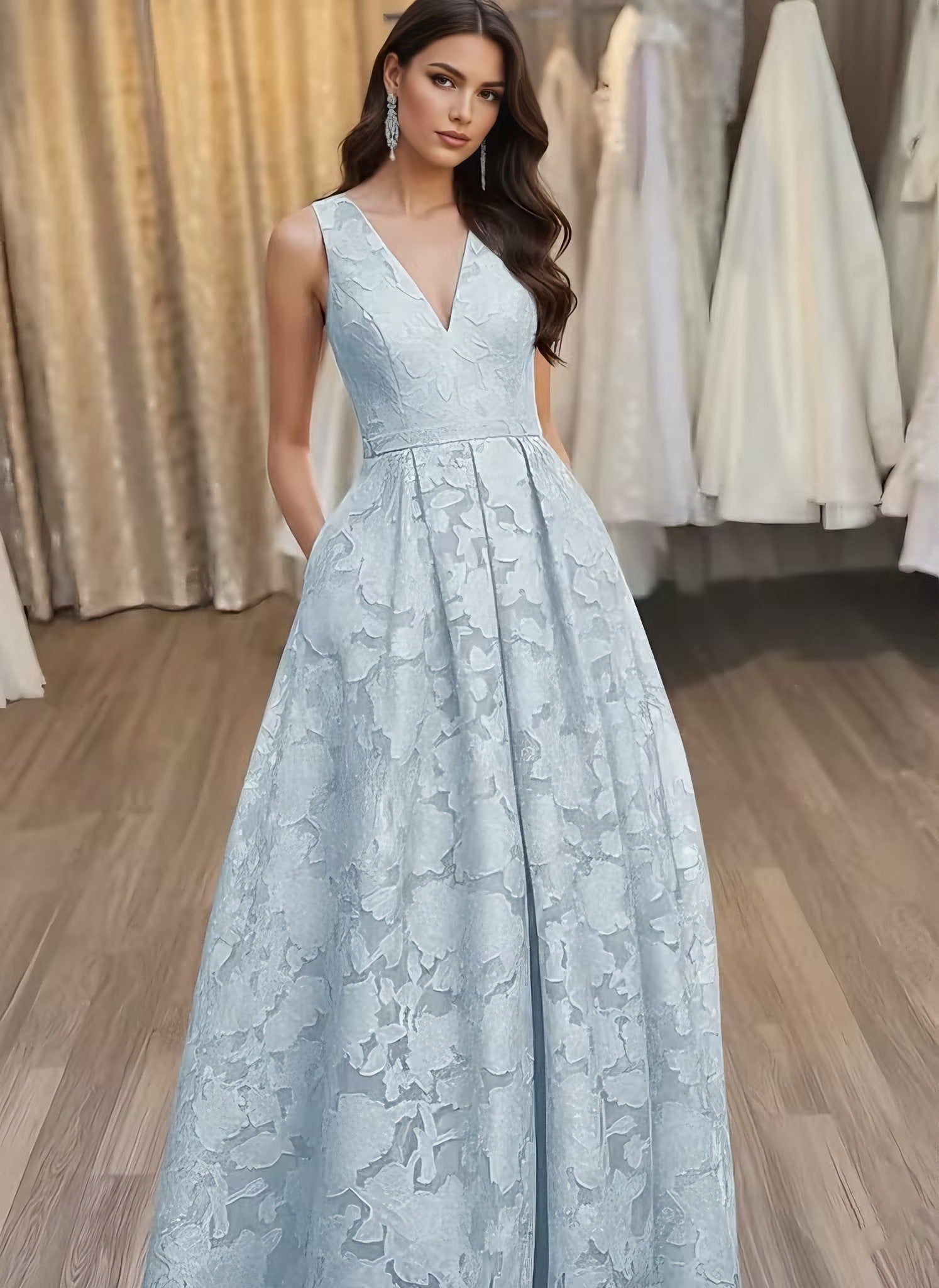 V-Neck Lace Floral Evening Dresses Floor-Length Sleeveless Party Dresses