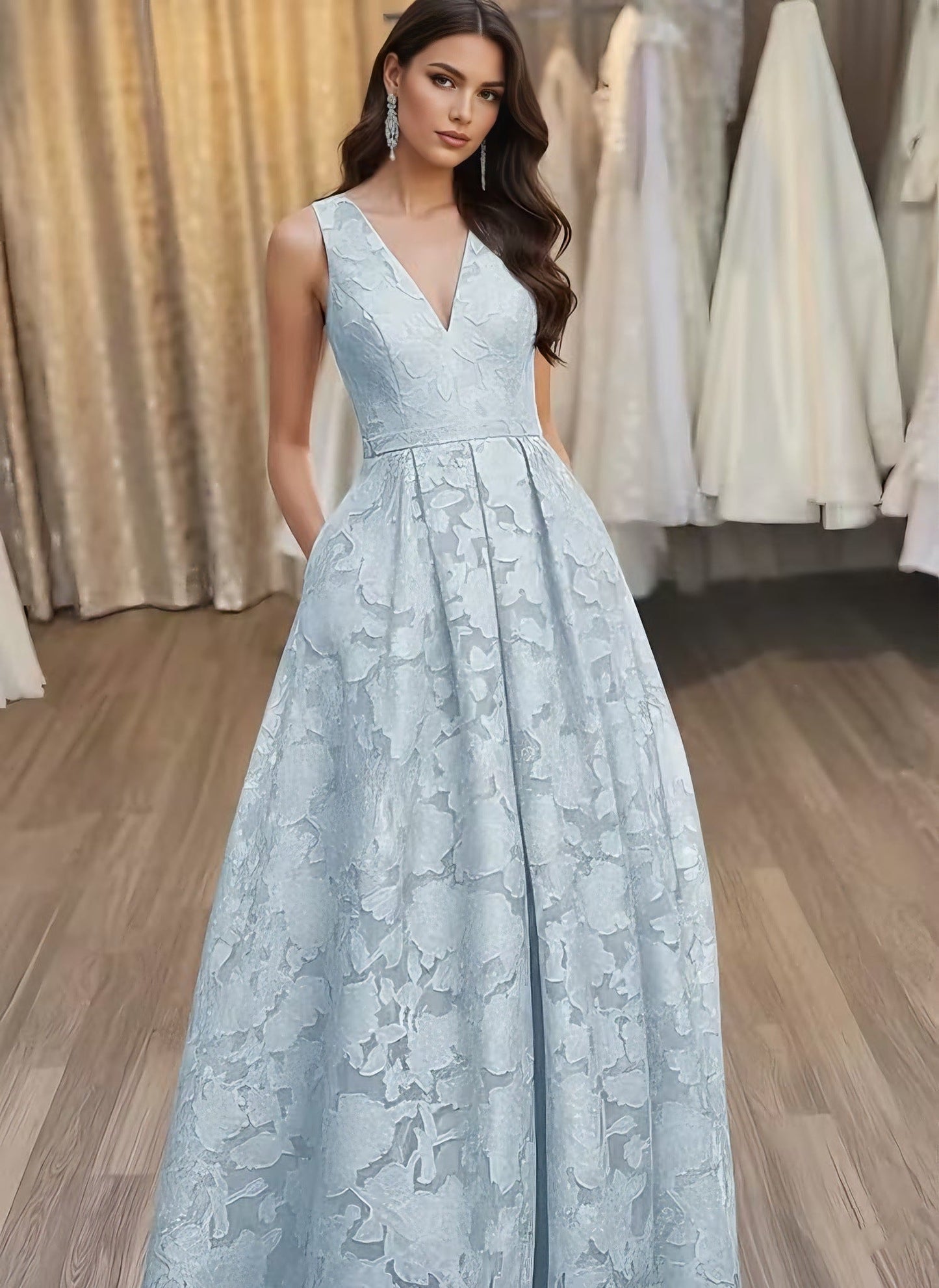 V-Neck Lace Floral Evening Dresses Floor-Length Sleeveless Party Dresses