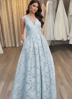 V-Neck Lace Floral Evening Dresses Floor-Length Sleeveless Party Dresses