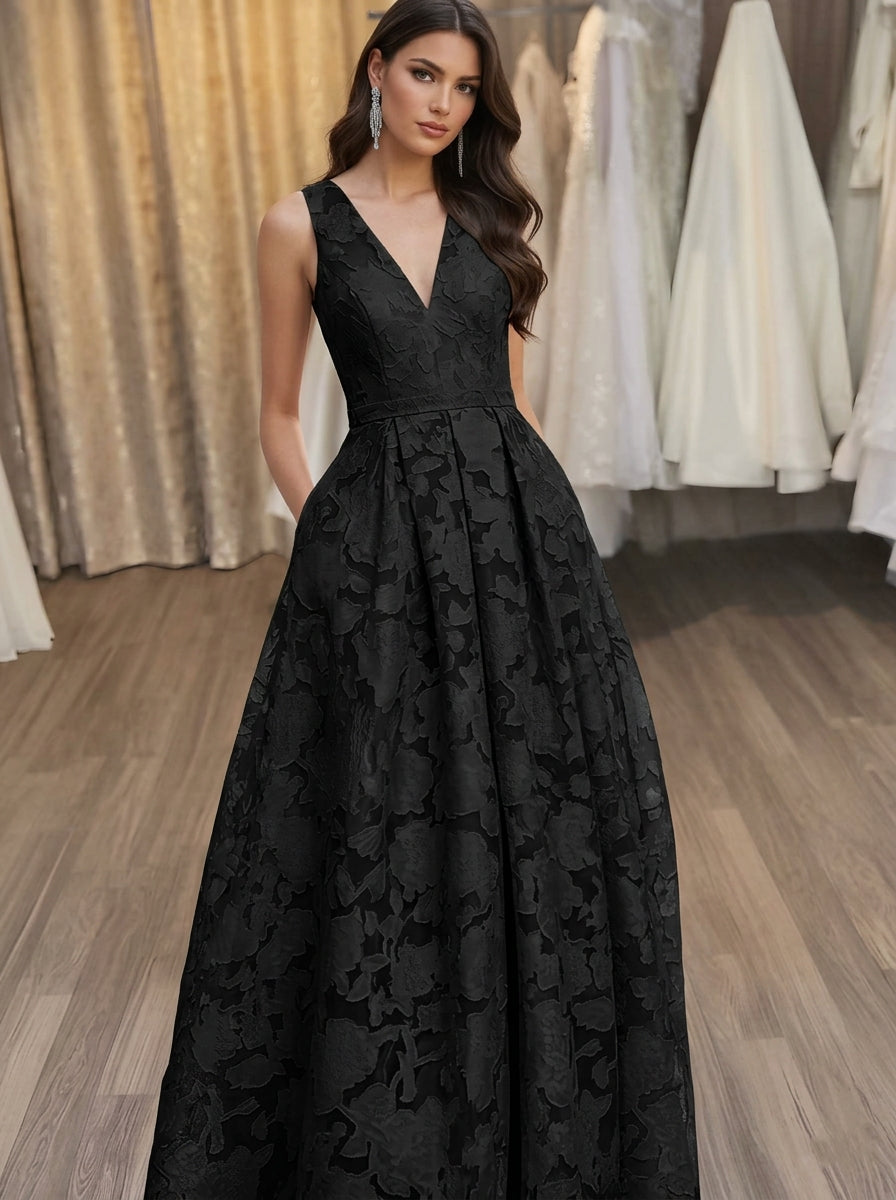 V-Neck Lace Floral Evening Dresses Floor-Length Sleeveless Party Dresses
