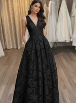 V-Neck Lace Floral Evening Dresses Floor-Length Sleeveless Party Dresses