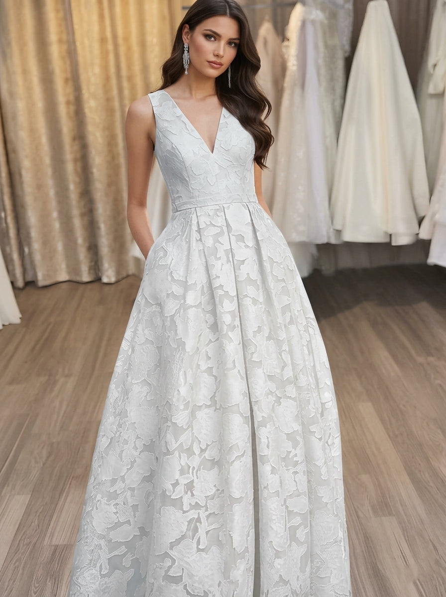 V-Neck Lace Floral Evening Dresses Floor-Length Sleeveless Party Dresses