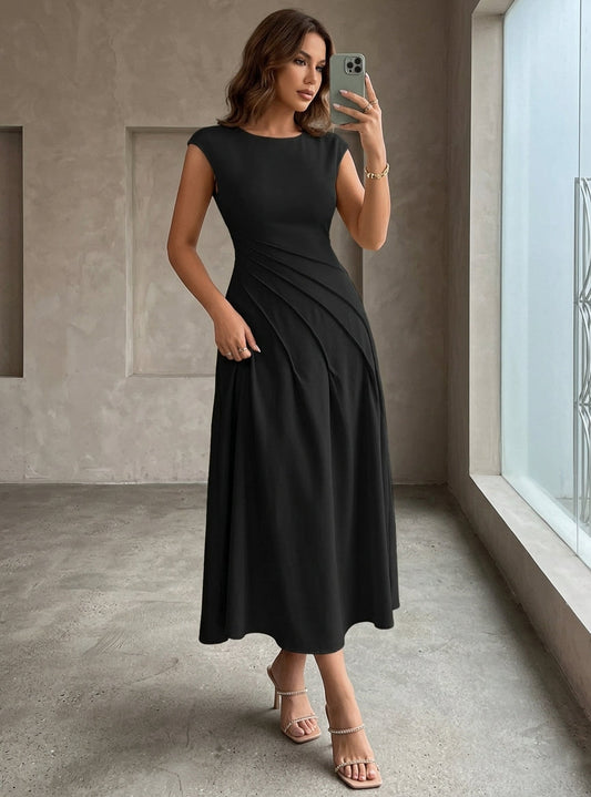 Scoop Stretch Satin Cocktail Dresses Sleeveless Tea-Length Ruched Formal Dresses