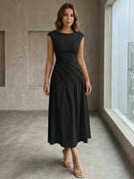 Scoop Stretch Satin Cocktail Dresses Sleeveless Tea-Length Ruched Formal Dresses