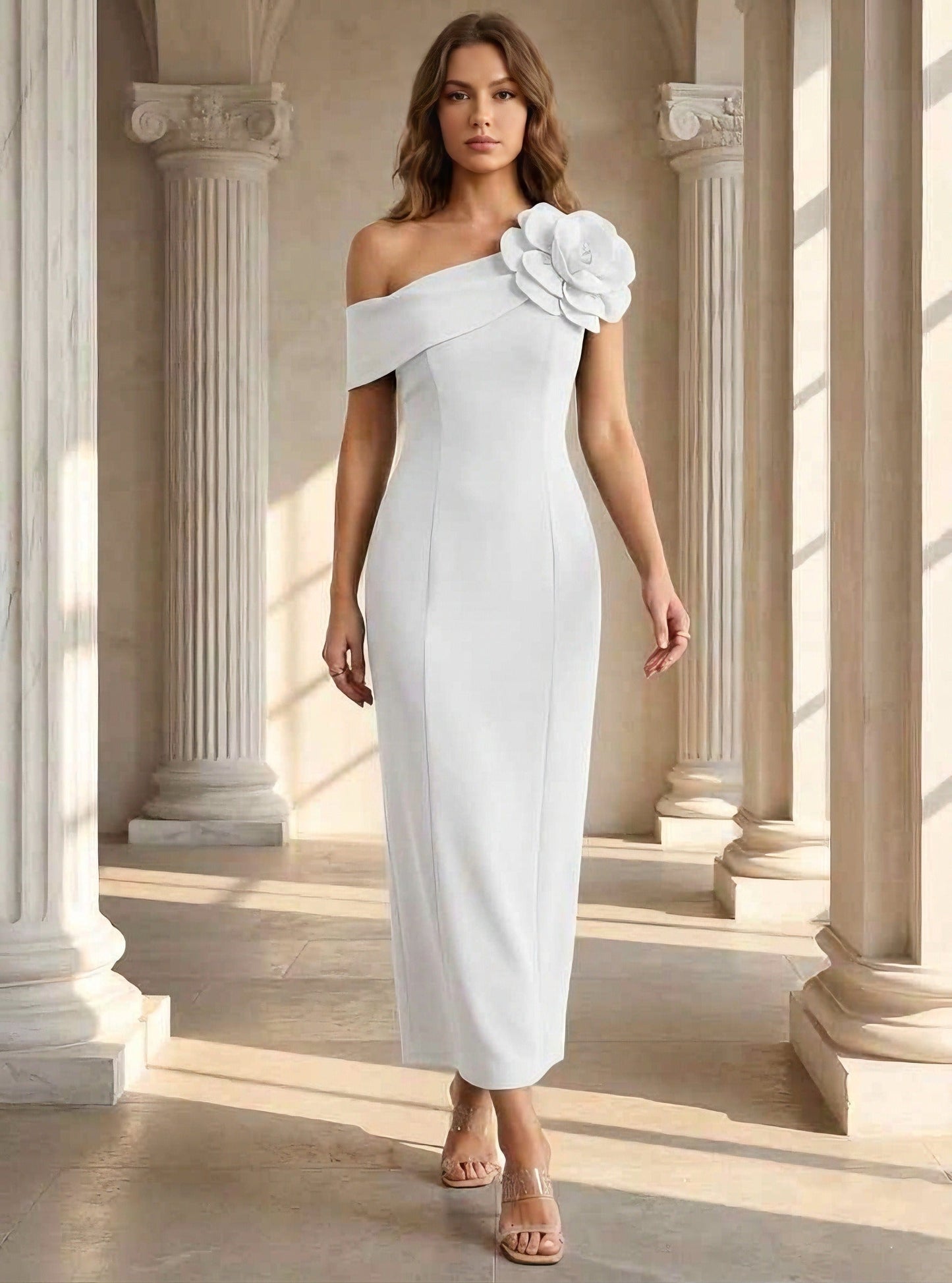 One-Shoulder Stretch Satin Cocktail Dresses Sleeveless Tea-Length 3D Flower Formal Dresses