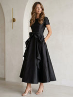 Scoop Satin Cocktail Dresses with Bowknot Short Sleeves Tea-Length Formal Dresses