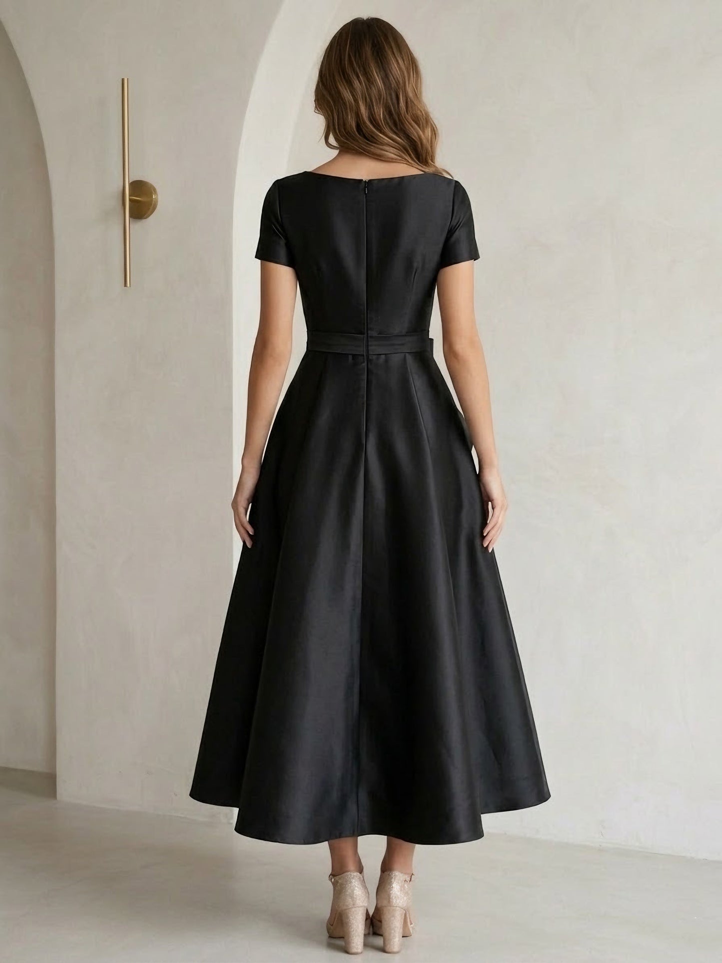 Scoop Satin Cocktail Dresses with Bowknot Short Sleeves Tea-Length Formal Dresses