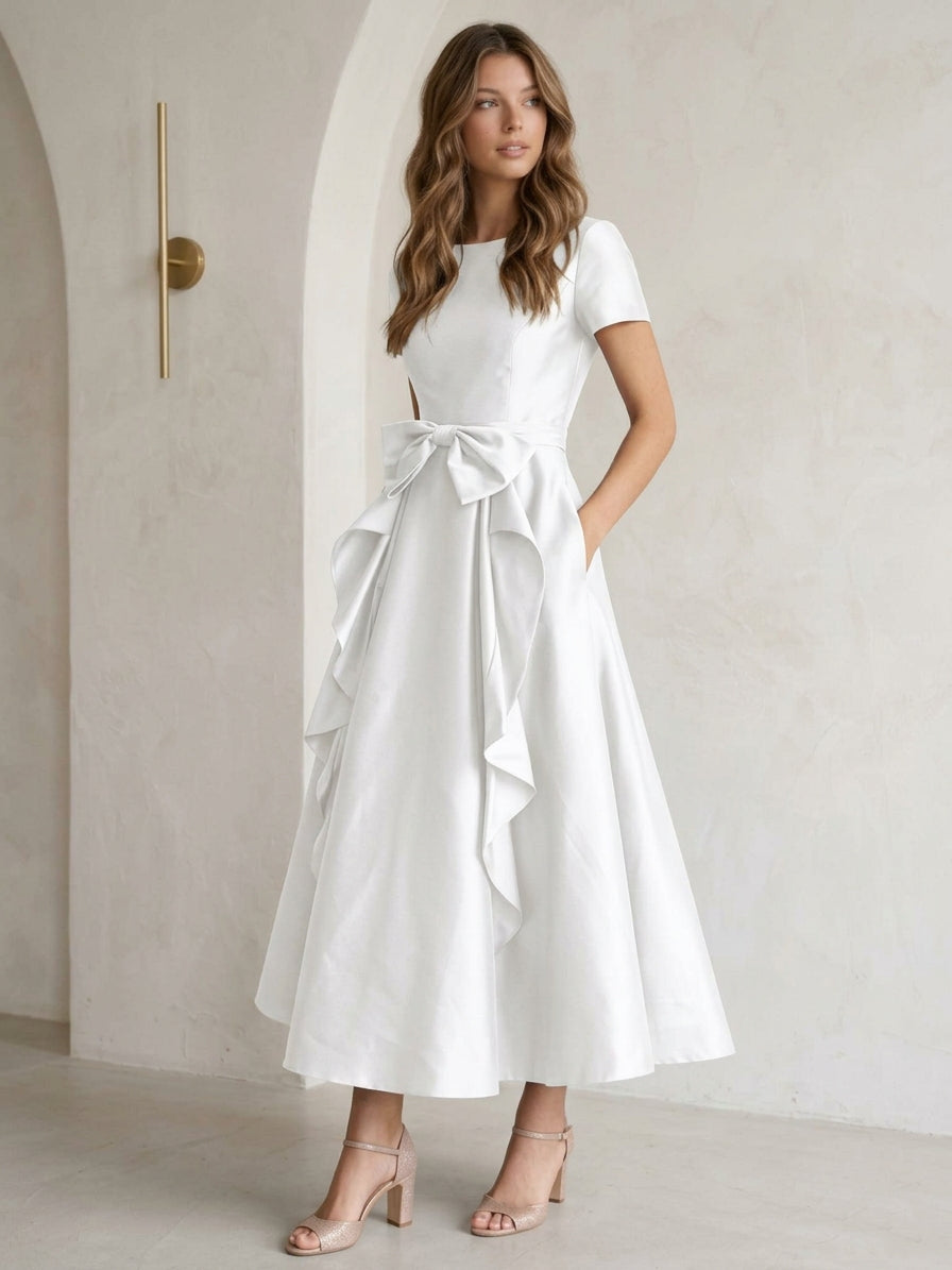 Scoop Satin Cocktail Dresses with Bowknot Short Sleeves Tea-Length Formal Dresses