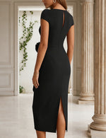 Scoop Stretch Satin Cocktail Dresses with 3D Flower Short Sleeves Tea-Length Formal Dresses