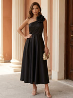 One-Shoulder Satin Cocktail Dresses with 3D Flower Sleeveless Tea-Length Pleated Formal Dresses