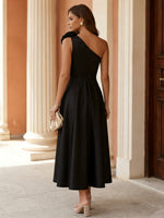 One-Shoulder Satin Cocktail Dresses with 3D Flower Sleeveless Tea-Length Pleated Formal Dresses