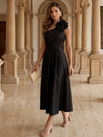 One-Shoulder Satin Cocktail Dresses with 3D Flower Sleeveless Tea-Length Pleated Formal Dresses