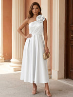 One-Shoulder Satin Cocktail Dresses with 3D Flower Sleeveless Tea-Length Pleated Formal Dresses