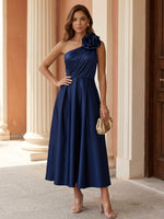 One-Shoulder Satin Cocktail Dresses with 3D Flower Sleeveless Tea-Length Pleated Formal Dresses