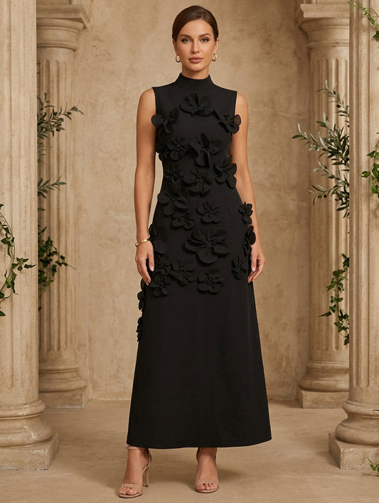 High Neck Stretch Satin Cocktail Dresses with 3D Flower Sleeveless Ankle-Length Formal Dresses