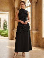 High Neck Stretch Satin Cocktail Dresses with 3D Flower Sleeveless Ankle-Length Formal Dresses