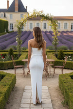 Strapless Stretch Satin Cocktail Dresses with 3D Flowers Sleeveless Ankle-Length Formal Dresses