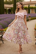 Off-the-Shoulder Cocktail Dresses Tea-Length Sleeveless Floral Lace Embroidery Satin Formal Dresses