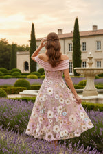 Off-the-Shoulder Cocktail Dresses Tea-Length Sleeveless Floral Lace Embroidery Satin Formal Dresses