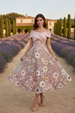 Off-the-Shoulder Cocktail Dresses Tea-Length Sleeveless Floral Lace Embroidery Satin Formal Dresses