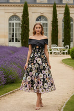 Off-the-Shoulder Cocktail Dresses Tea-Length Sleeveless Floral Lace Embroidery Satin Formal Dresses