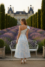 One-Shoulder Jacquard Cocktail Dresses Tea-Length Sleeveless Floral Formal Dresses