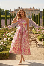 One-Shoulder Jacquard Cocktail Dresses Tea-Length Sleeveless Floral Formal Dresses