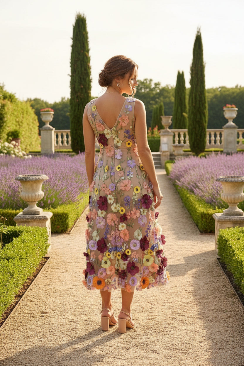 V-Neck Lace Embroidery Cocktail Dresses Floral Tea-Length Sleeveless Formal Dresses