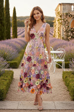 V-Neck Lace Embroidery Cocktail Dresses Floral Tea-Length Sleeveless Formal Dresses