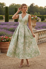 V-Neck Jacquard Cocktail Dresses Tea-Length Floral Sleeveless Formal Dresses