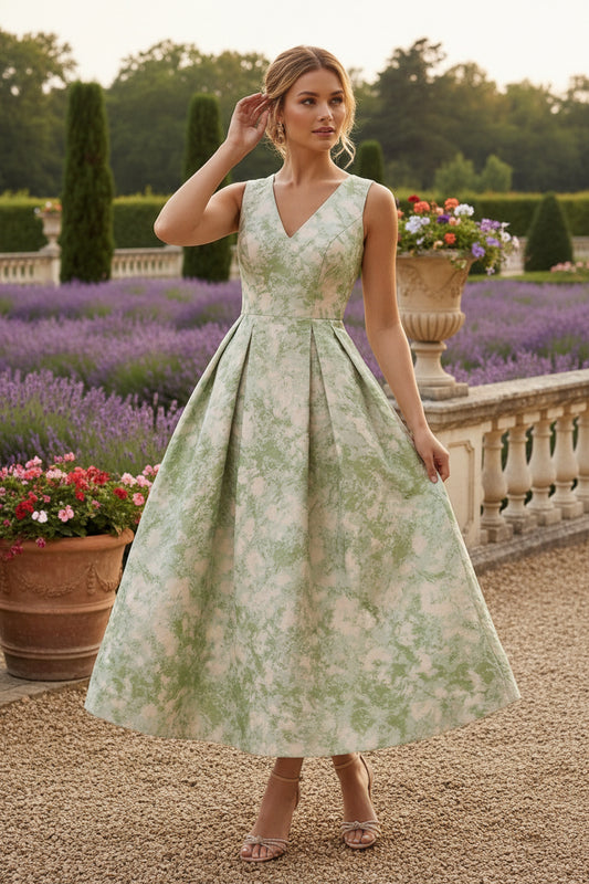 V-Neck Jacquard Cocktail Dresses Tea-Length Floral Sleeveless Formal Dresses