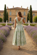 V-Neck Jacquard Cocktail Dresses Tea-Length Floral Sleeveless Formal Dresses