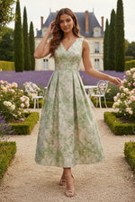 V-Neck Jacquard Cocktail Dresses Tea-Length Floral Sleeveless Formal Dresses