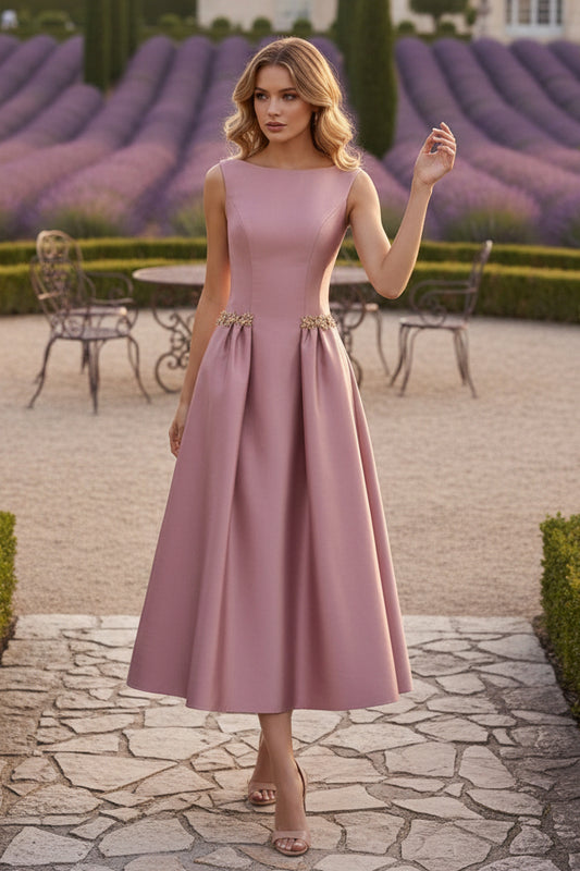 Scoop Satin Cocktail Dresses Sleeveless Tea-Length Rhinestone Formal Dresses