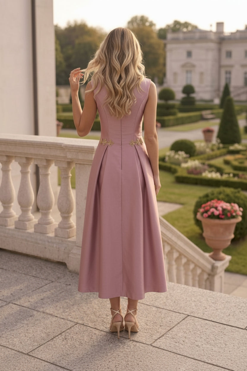 Scoop Satin Cocktail Dresses Sleeveless Tea-Length Rhinestone Formal Dresses