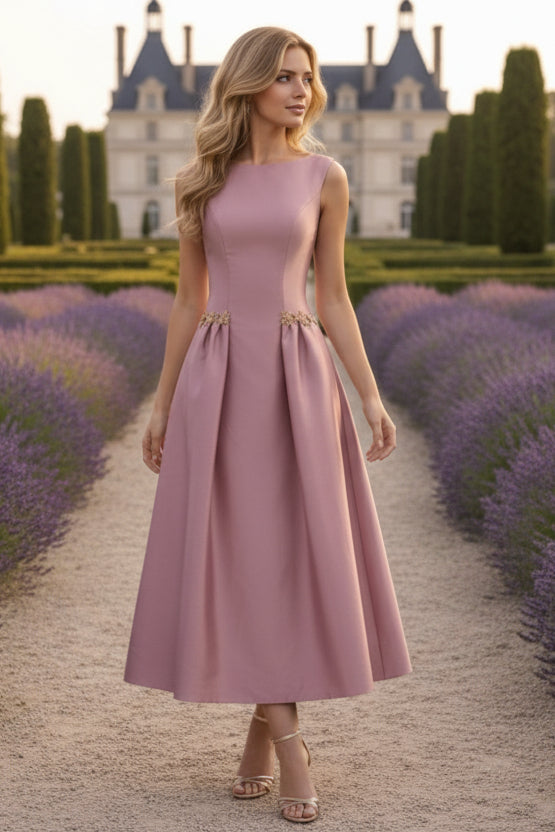 Scoop Satin Cocktail Dresses Sleeveless Tea-Length Rhinestone Formal Dresses